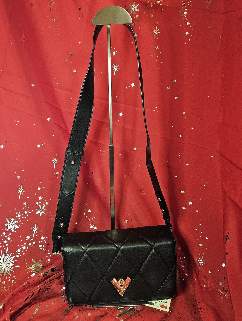 NWT Valentino Orlandi Vegan Leather Black Quilted Crossbody Bag with Gold Accent - Picture 2 of 9